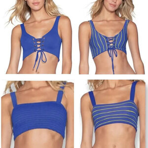 Maaji Royal Blue Reversible Lace-Up & Striped Bikini Top